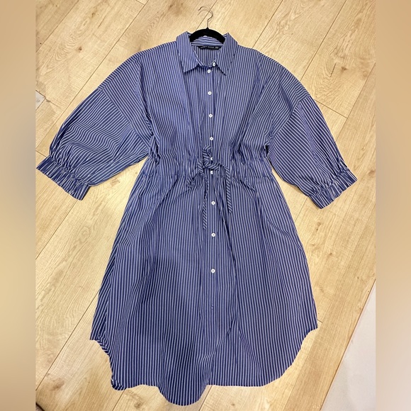 Zara Striped Blue Button-Up Dress size XXL puff sleeve tunic - Picture 12 of 16